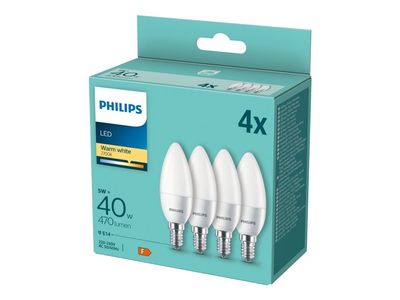 Philips - LED-lyspære - form: B35 - mattslipt finish - E14 - 5 W (ekvivalent 40 W) - klasse F - varmt hvitt lys - 2700 K (en pakke 4)