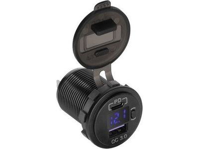 PeiYing bil-lader USB + USB-C med Quick Charge, Power Delivery og spenningsmåler 48W