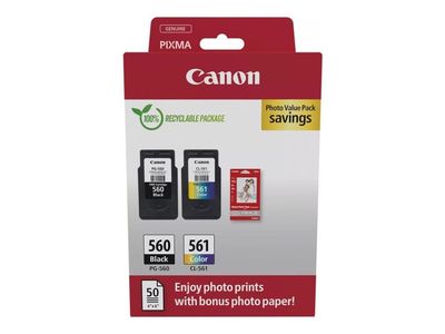 Canon PG-560/CL-561 Photo Value Pack - Blank - 2-pack - svart, farge (cyan, magenta, gul) - original - hengeboks - blekkpatron/papirsett - for PIXM...