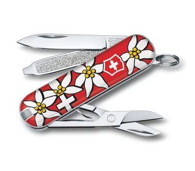 Victorinox Classic SD, Fällkniv av slipjoint-modell, Kniv med flera verktyg, Clip point, Cellidor, ABS synthetics, Röd, Vit