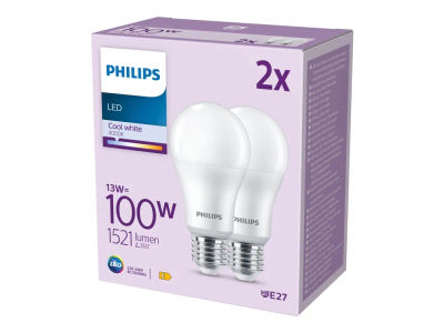 Philips - LED-glödlampa - form: A67 - glaserad finish - E27 - 13 W (motsvarande 100 W) - klass E - svalt vitt ljus - 4000 K (paket om 2)
