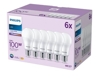 Philips - LED-glödlampa - form: A67 - glaserad finish - E27 - 13 W (motsvarande 100 W) - klass E - svalt vitt ljus - 4000 K (paket om 6)