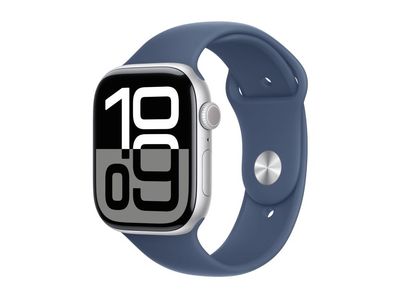 Apple Watch Series 10 (GPS) - 46 mm - silveraluminium - smart klocka med sportband - fluoroelastomer - denim - bandstorlek: M/L - 64 GB - Wi-Fi 4, ...