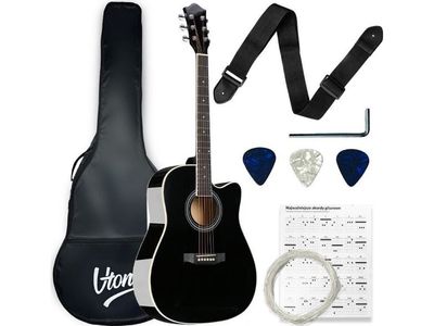 V-TONE AG TWO BK akustisk gitarr 4/4 svart set plektrum rem extra strängar fodral ackord stämnyckel