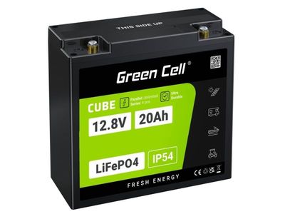 Green Cell LFPGC12V20AH, Lithium Iron Phosphate (LiFePO4), 12,8 V, Sort, Grønn, 20 Ah, 256 Wh, 10 år