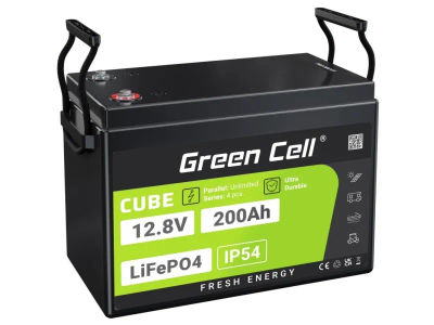 Green Cell LFPGC12V200AH, Lithium Iron Phosphate (LiFePO4), 12,8 V, Sort, Grønn, 200 Ah, 2560 Wh, 10 år