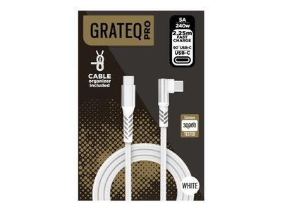 GRATEQ PRO - USB-kabel - USB-C (hann) til USB-C (hann) vinklet - 5 A - 2.25 m - USB Power Delivery (240 W) - hvit