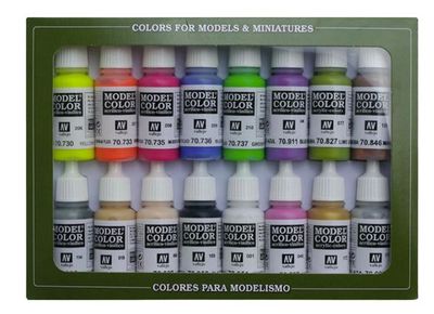 Vallejo 70.112, Sort, Blå, Brun, Gull, Grønn, Grå, Fiolblå, Oransje, Rosa, Sølv, Hvit, Gult, Acryl maling, Væske, 17 ml, 16 stykker