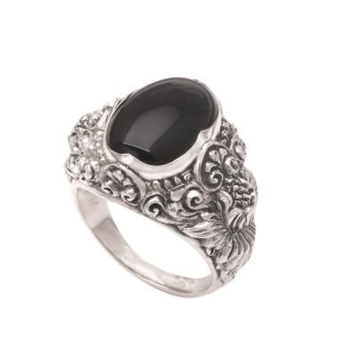 Black Sunflower,'Men's Floral Sterling Silver and Onyx Ring'