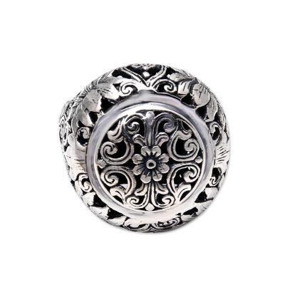Garden Dome,'Floral Sterling Silver Domed Ring from Bali'
