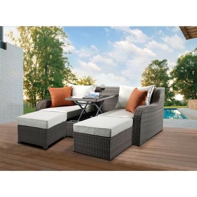 Salena Patio Sectional & 2 Ottomans (2 Pillows) in Beige Fabric & Gray Wicker - Acme Furniture 45010