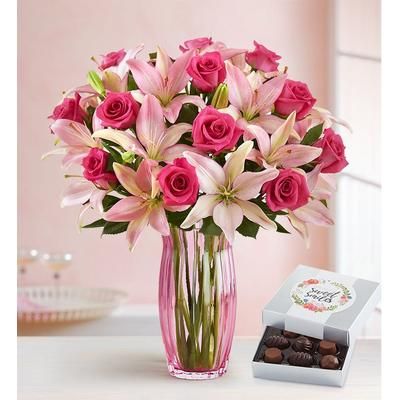 1-800-Flowers Flower Delivery Magnificent Pink Rose & Lily Bouquet W/ Pink Vase & Chocolate | 100% Satisfaction Guaranteed
