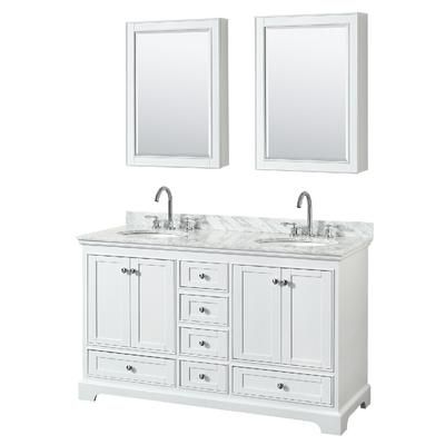 60 Inch Double Bathroom Vanity in White, White Carrara Marble Countertop, Undermount Oval Sinks, and Medicine Cabinets - Wyndham WCS202060DWHCMUNOMED