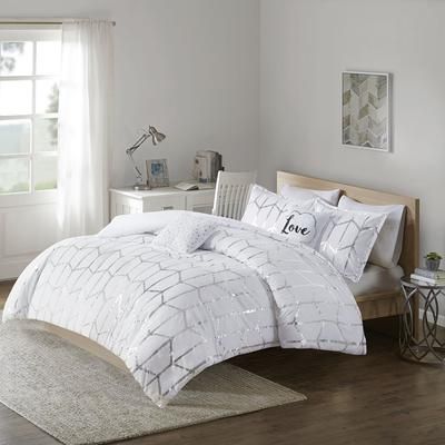 Intelligent Design Twin/Twin XL 100% Polyester Metallic Printed Comforter Set in White/Silver - Olliix ID10-1817