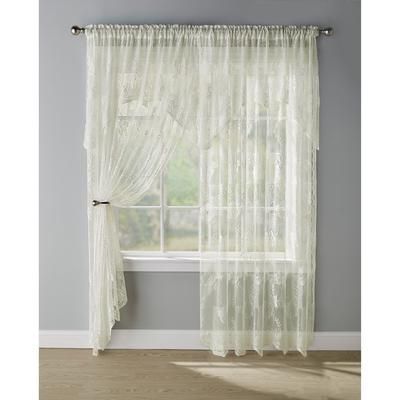 Wide Width Ella Floral Lace Panel with Attached Valance by BrylaneHome in Ivory (Size 58" W 63" L) Window Curtain