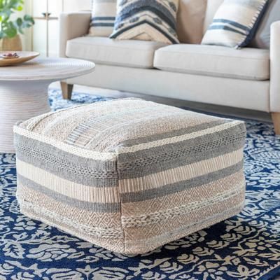 Bancroft 13"H x 24"W x 24"D Cottage Cotton Ivory/Beige/Gray/Light Gray/Slate/Slate Blue Pouf - Boutique Rugs