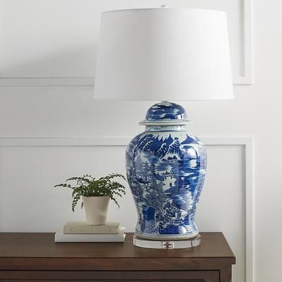 Blue and White Ming Table Lamp with Linen Shade - Frontgate