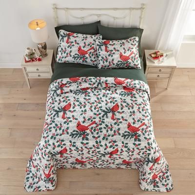 3-Pc. Microfleece Christmas Bedspread Set by BrylaneHome in Cardinal (Size QUEEN) Reversible Quilted Cover & Pillow Shams