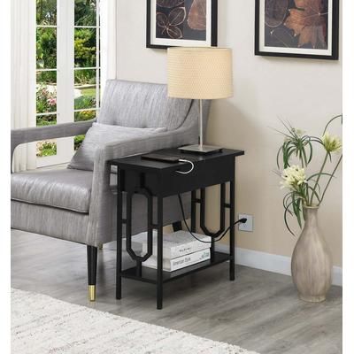 Omega Flip Top End Table w/ Charging Station in Black / Black Finish - Convenience Concepts 166859BLBL