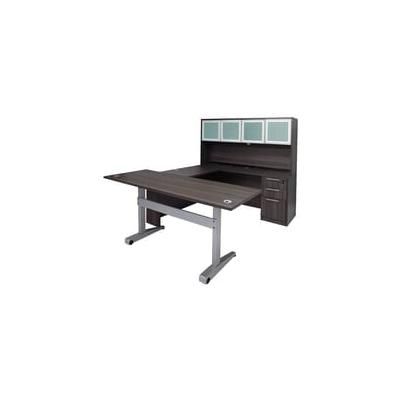 Pneumatic Lift Height Adjustable Executive U-Desk w/Hutch in Charcoal