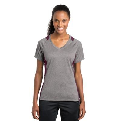 Sport-Tek LST361 Women's Heather Colorblock Contender V-Neck Top in Vintage Heather/Maroon size Small