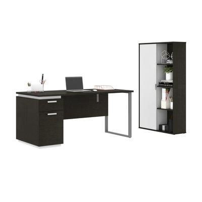Aquarius 2-Piece Set Including a Desk with Single Pedestal and a Storage Unit with 8 Cubbies in deep grey & white - Bestar 114850-000032