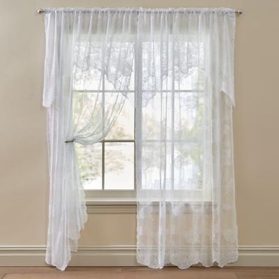 Wide Width Ella Floral Lace Panel with Attached Valance by BrylaneHome in White (Size 58" W 63" L) Window Curtain