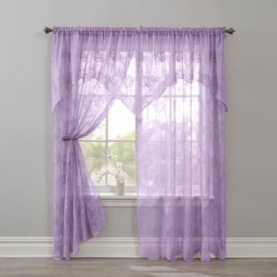Wide Width Ella Floral Lace Panel with Attached Valance by BrylaneHome in Lilac (Size 58" W 84" L) Window Curtain