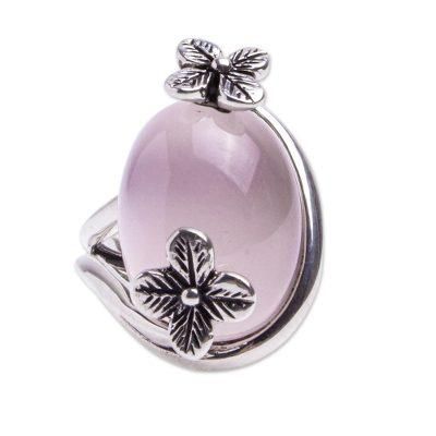 Dusty Rose Attraction,'Rose Quartz Cocktail Ring with Floral Accent from Mexico'