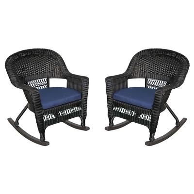 Black Rocker Wicker Chair With Midnight Blue Cushion - Set Of 2- Jeco Wholesale W00207R-D_2-FS011