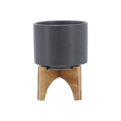 "5" Planter With Wood Stand, Matte Gray - Sagebrook Home 15798-01"