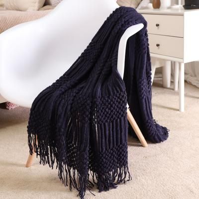 Battilo Home Solid Lightweight Knit Patterned Throws for Sofa Home Decorative Bed Blanket, 50" x 60" by Battilo Home in Navy (Size 50" X 60")