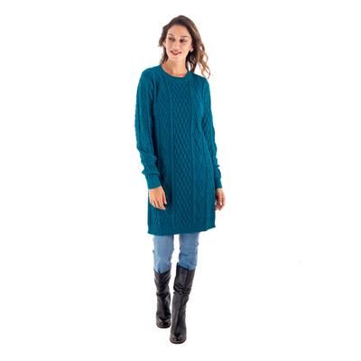 Winter Teal,'Baby Alpaca Teal Cable Knit Tunic Sweater Dress'