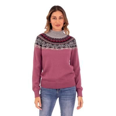Mountain Snowflakes in Rose,'Turtleneck Sweater in 100% Alpaca'