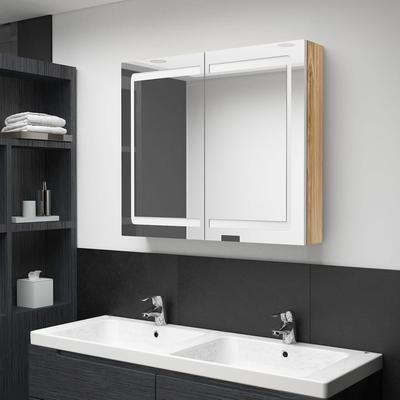 vidaXL Armadietto Bagno con Specchio e LED Bianco e Rovere 80x12x68 cm