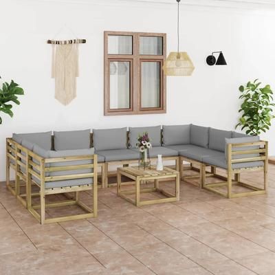 vidaXL Set Divani da Giardino 10 pz e Cuscini Legno di Pino Impregnato