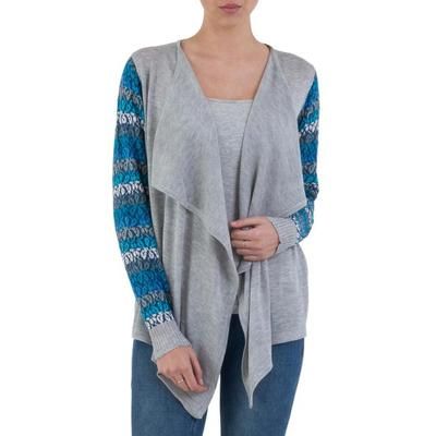 Garden in Ash Grey,'Open Front Solid Grey Cardigan with Blue Floral Sleeves'