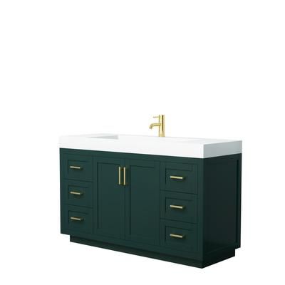 Miranda 60 Inch Single Bathroom Vanity in Green, 4 Inch Thick Matte White Solid Surface Countertop, Integrated Sink, Brushed Gold Trim - Wyndham WCF292960SGDK4INTMXX
