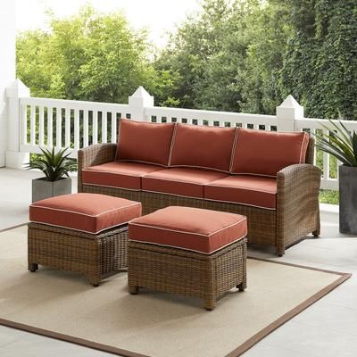 Bradenton 3Pc Outdoor Wicker Sofa Set Sangria/Weathered Brown - Sofa & 2 Ottomans - Crosley KO70186WB-SG