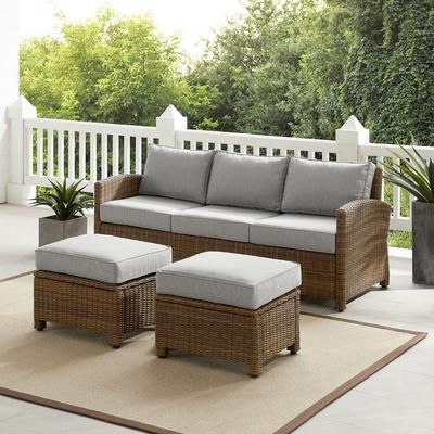 Bradenton 3Pc Outdoor Wicker Sofa Set Gray/Weathered Brown - Sofa & 2 Ottomans - Crosley KO70186WB-GY