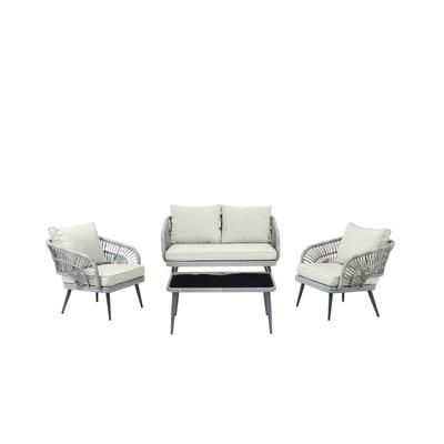 Riviera Rope Wicker 4-Piece 4 Seater Patio Conversation Set with Cushions in Cream - Manhattan Comfort OD-CV016-CR