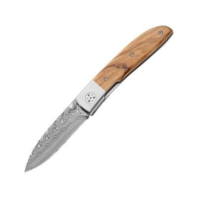 Fox Elite Linerlock Olive Wood Folding Knife 3.13" Damascus steel blade Olive wood handle 01FX218