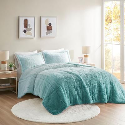 Intelligent Design Brielle Ombre Shaggy Long Fur Comforter Mini Set in Aqua (Twin/Twin XL) - Olliix ID10-2149