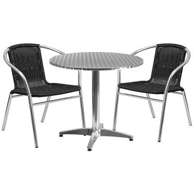 Flash Furniture TLH-ALUM-32RD-020BKCHR2-GG 31 1/2" Round Patio Table & 2 Black Rattan Arm Chair Set - Stainless Top, Aluminum Base