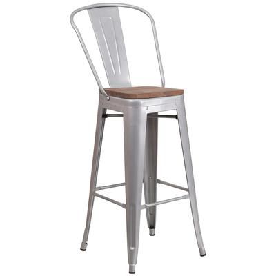Flash Furniture CH-31320-30GB-SIL-WD-GG Commercial Bar Stool w/ Curved Back & Wood Seat, Silver