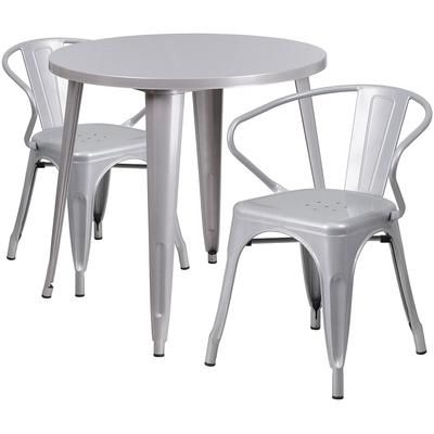 Flash Furniture CH-51090TH-2-18ARM-SIL-GG 30" Round Table & 2 Arm Chair Set - Metal, Silver