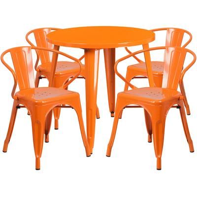Flash Furniture CH-51090TH-4-18ARM-OR-GG 30" Round Table & 4 Arm Chair Set - Metal, Orange