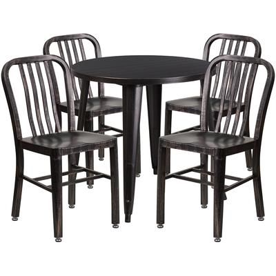 Flash Furniture CH-51090TH-4-18VRT-BQ-GG 30" Round Table & 4 Chair Set - Metal, Black & Antique Gold