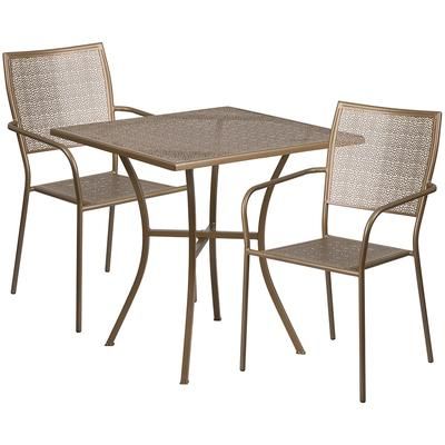 Flash Furniture CO-28SQ-02CHR2-GD-GG 28" Square Patio Table & 2 Square Back Arm Chair Set - Steel, Gold