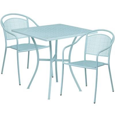Flash Furniture CO-28SQ-03CHR2-SKY-GG 28" Square Patio Table & 2 Round Back Arm Chair Set - Steel, Sky Blue